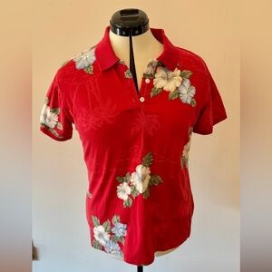 Floral Hawaiian-Style Red Polo Shirt – Women’s Medium